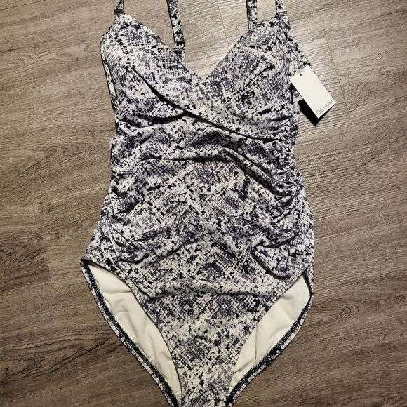 Calvin Klein Printed Plunge Swimsuit-BLACK WHITE-6 - Picture 1 of 8